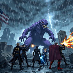 An intense anime scene featuring a large, purple monster being shot at by FBI agents in a devastated city during a fierce storm