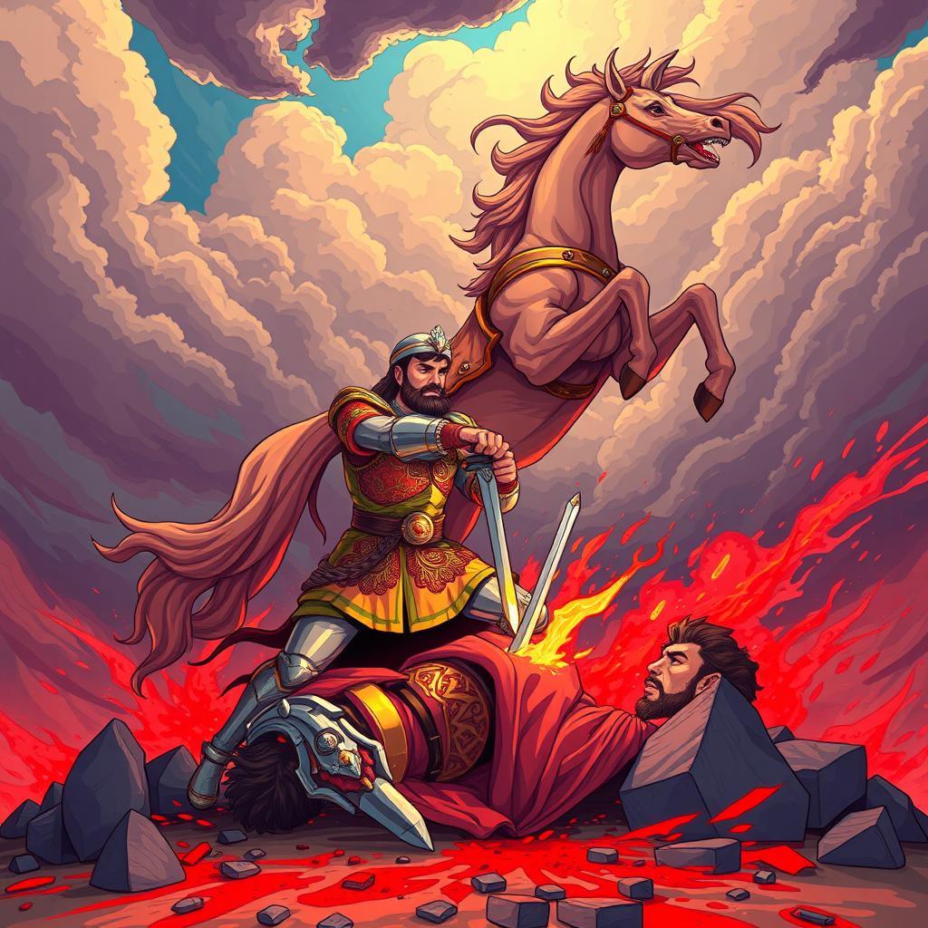 A dynamic and fantasy cartoon-style illustration of the tragic battle between Rostam and his son Sohrab from the Shahnameh, capturing the moment when Rostam has defeated Sohrab, with a bloody sky as a dramatic backdrop
