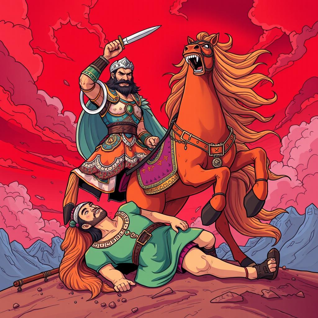 A vibrant and fantastical cartoon-style interpretation of the tragic battle between Rostam and his son Sohrab from the Shahnameh