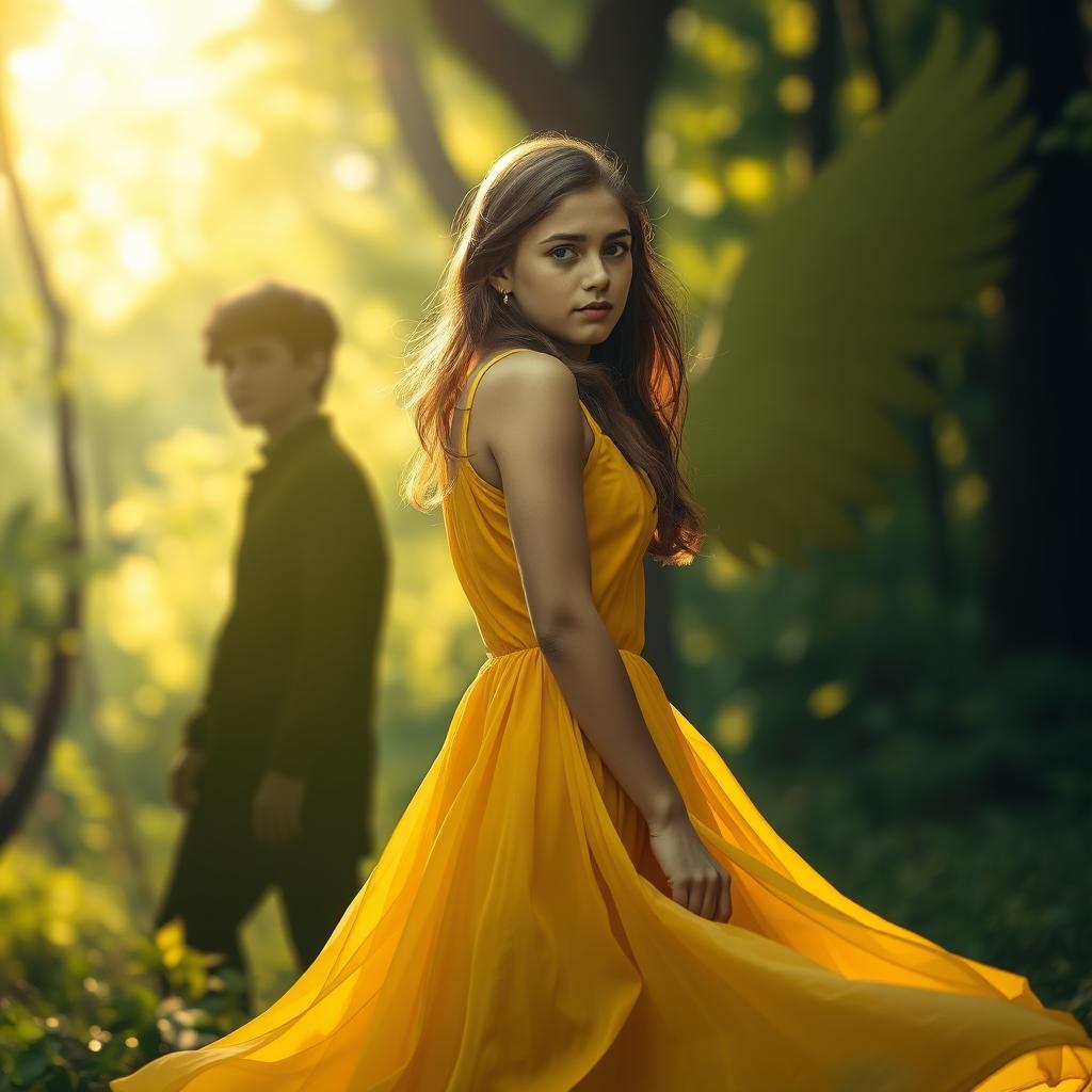 A twenty-year-old girl wearing a flowing yellow dress, glancing back over her shoulder at a shadowy figure of a young man with wings