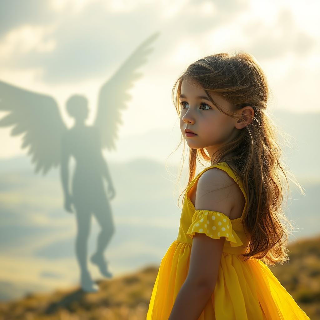 A twenty-year-old girl wearing a bright yellow dress, looking curiously at the shadow of a young man with wings
