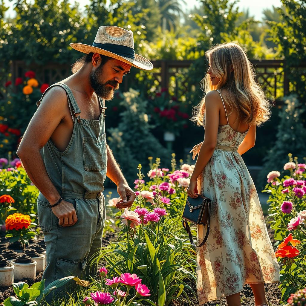 A striking scene illustrating the disparity between a poor guy working in a garden and a rich beautiful girl observing him