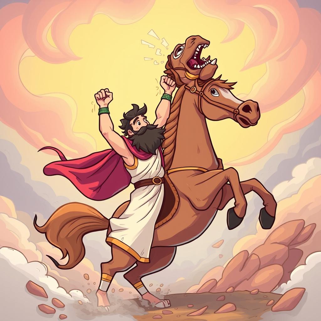 A whimsical cartoon-style illustration of the legendary battle between Rostam and the demon from the Shahnameh