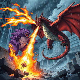 A thrilling anime scene depicting a mighty dragon unleashing fireballs at a large purple monster in a destroyed city during a raging storm