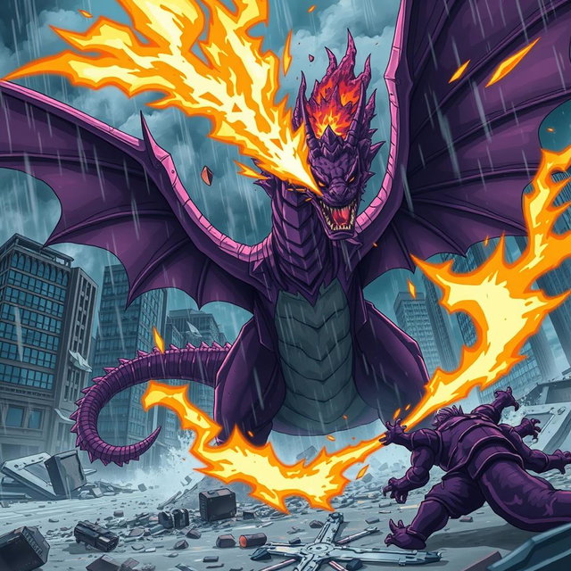A thrilling anime scene depicting a mighty dragon unleashing fireballs at a large purple monster in a destroyed city during a raging storm