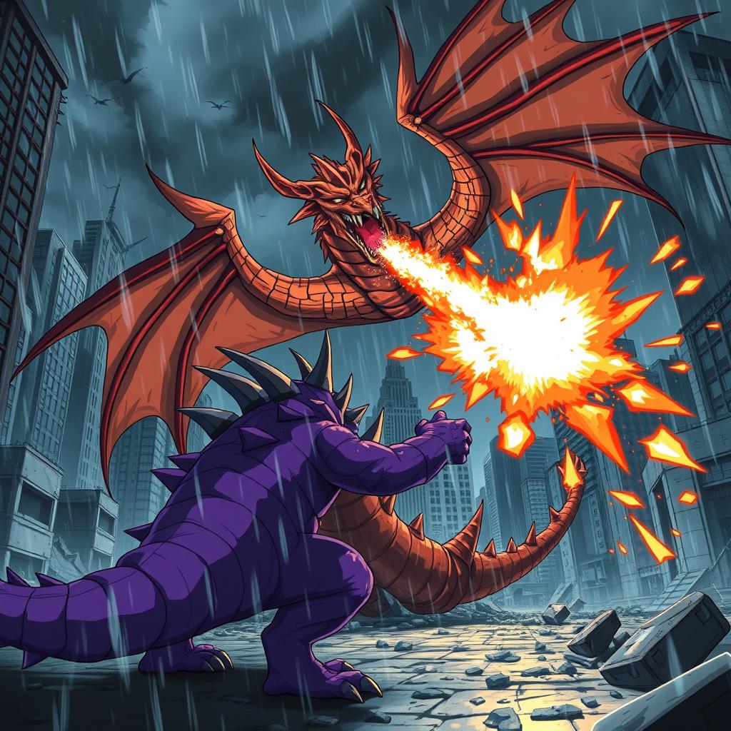 A thrilling anime scene depicting a mighty dragon unleashing fireballs at a large purple monster in a destroyed city during a raging storm