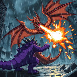 A thrilling anime scene depicting a mighty dragon unleashing fireballs at a large purple monster in a destroyed city during a raging storm