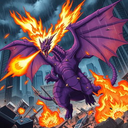 A thrilling anime scene depicting a mighty dragon unleashing fireballs at a large purple monster in a destroyed city during a raging storm