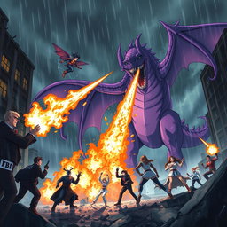 An exhilarating anime scene featuring a fierce dragon shooting fireballs at a gigantic purple monster amidst a ruined city during a thunderous storm