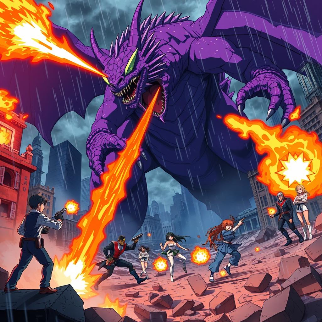 An exhilarating anime scene featuring a fierce dragon shooting fireballs at a gigantic purple monster amidst a ruined city during a thunderous storm