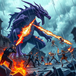 An exhilarating anime scene featuring a fierce dragon shooting fireballs at a gigantic purple monster amidst a ruined city during a thunderous storm
