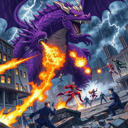 An exhilarating anime scene featuring a fierce dragon shooting fireballs at a gigantic purple monster amidst a ruined city during a thunderous storm