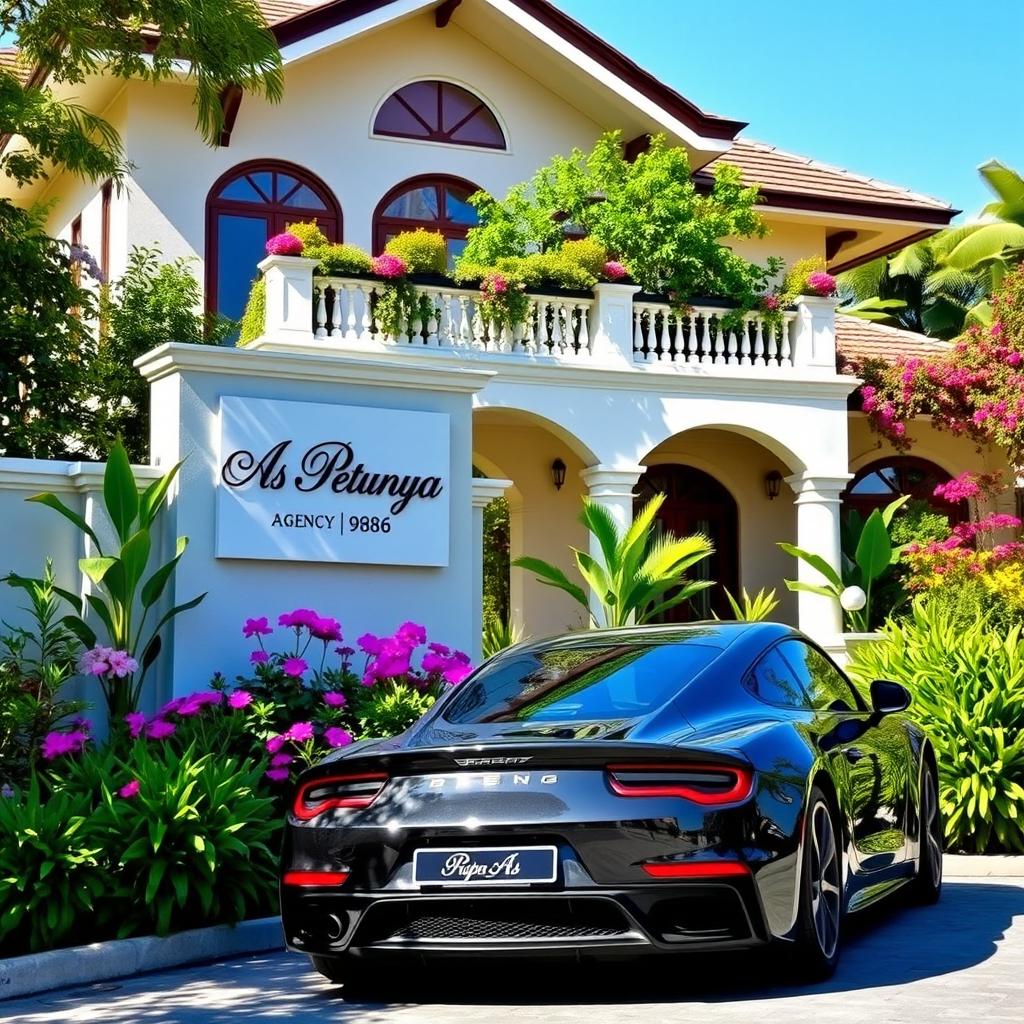 A beautiful garden villa with an elegant sign displaying 'Kupa As Petunya', along with the agency code '9886'