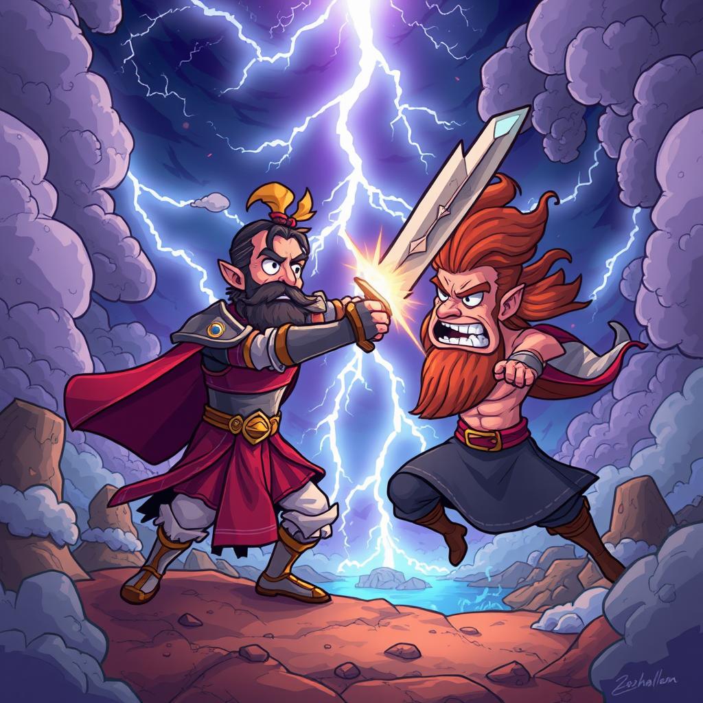 A whimsical cartoon depicting the battle between Rostam and Sohrab in an epic fantasy style