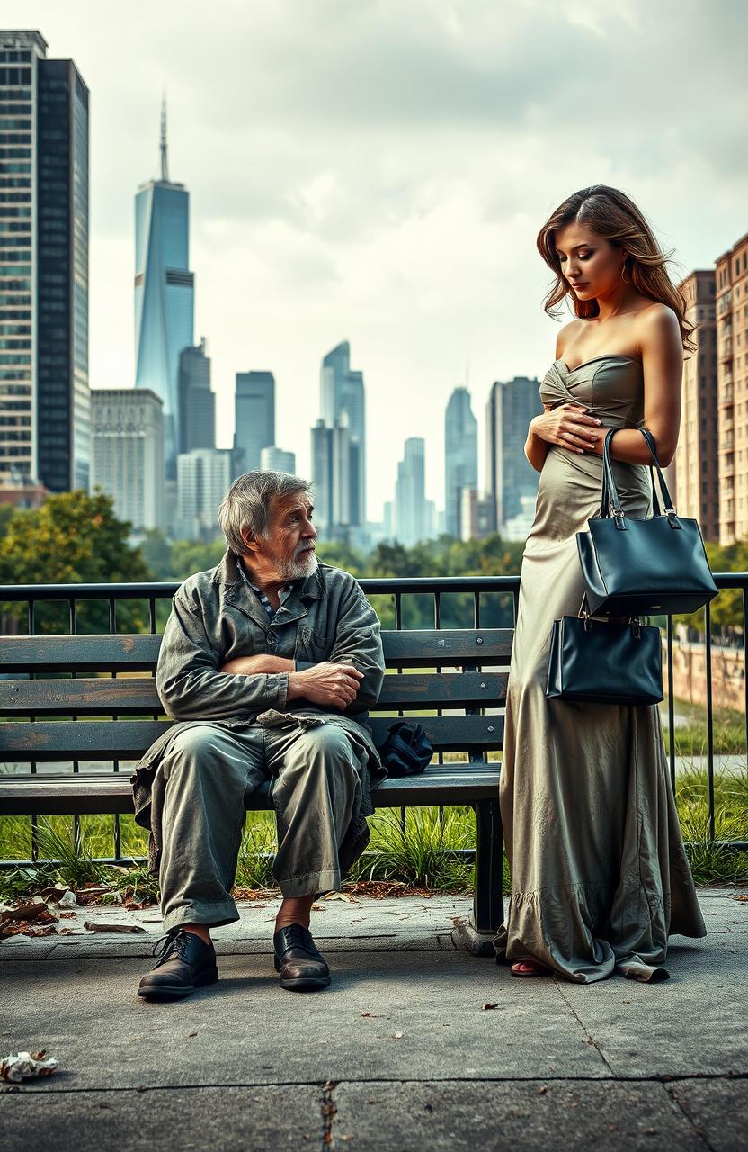 A poignant scene depicting the contrast between a very poor man and a wealthy woman in an urban setting