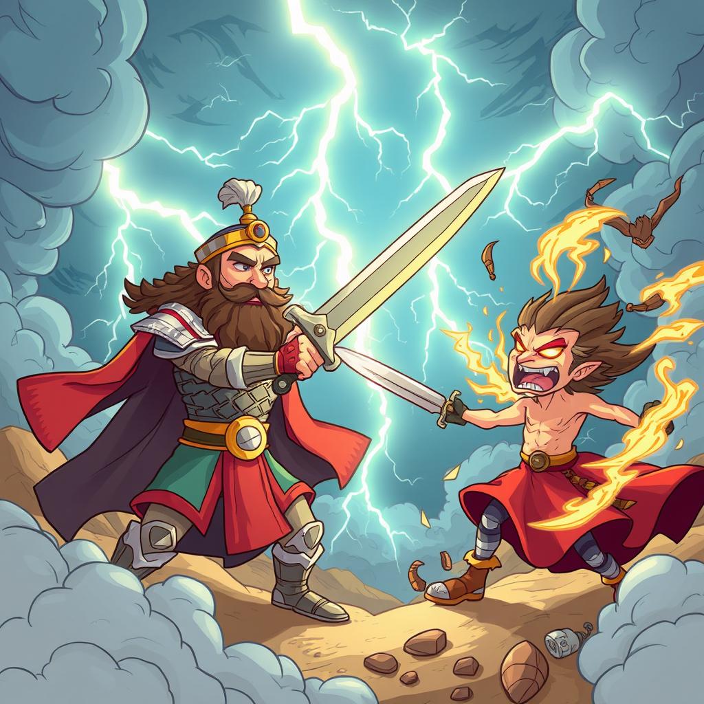 A whimsical cartoon-style illustration of the legendary battle between Rostam and Sohrab from the Shahnameh