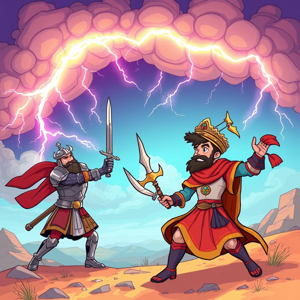A whimsical, cartoonish fantasy illustration of the battle between Rustam and his son Sohrab from the Shahnameh
