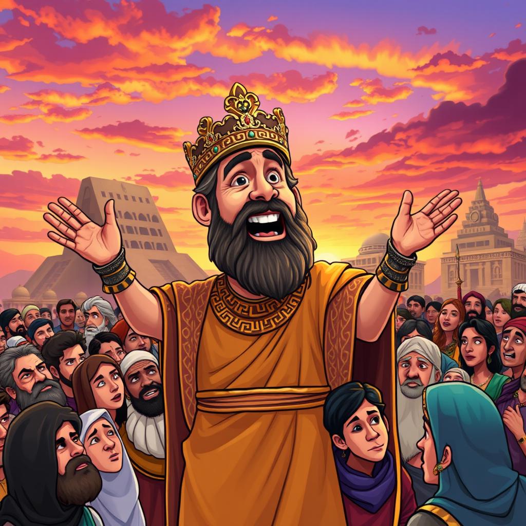 Cyrus the Great, in a fantastical caricature style, passionately delivering a speech to the people of Babylon