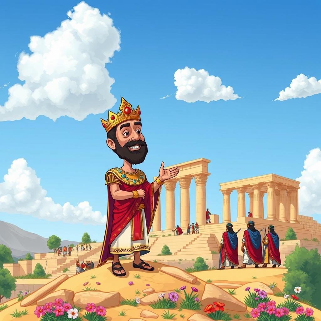 Darius the Great, illustrated in a whimsical caricature style, observing the construction of Persepolis (Takht-e Jamshid) with a look of pride and satisfaction