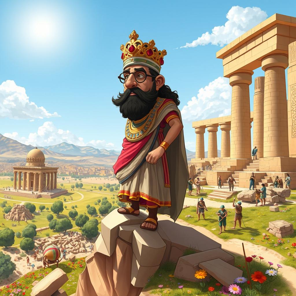 Darius the Great, illustrated in a fantastical caricature style, standing atop a high cliff or hill, observing the grand construction of Persepolis (Takht-e Jamshid) by a thousand workers