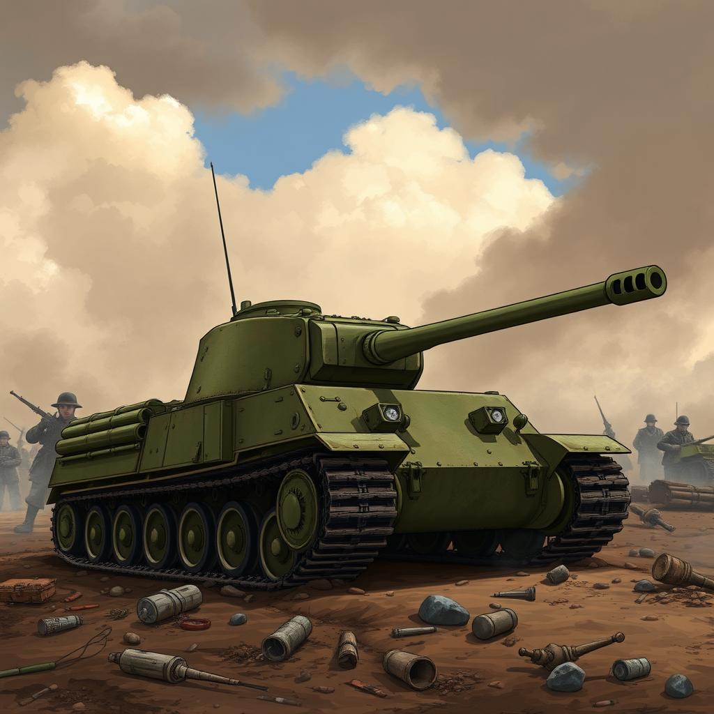 A detailed illustration of a World War I tank, showcasing its heavy armor and distinctive tracks