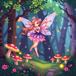 A whimsical fairy in a pixel art style, floating gracefully in a magical forest