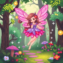 A whimsical fairy in a pixel art style, floating gracefully in a magical forest