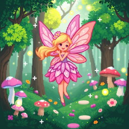 A whimsical fairy in a pixel art style, floating gracefully in a magical forest
