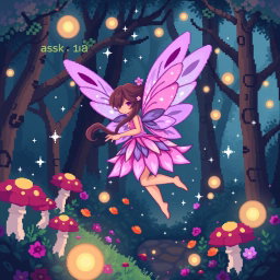 A whimsical fairy in a pixel art style, floating gracefully in a magical forest