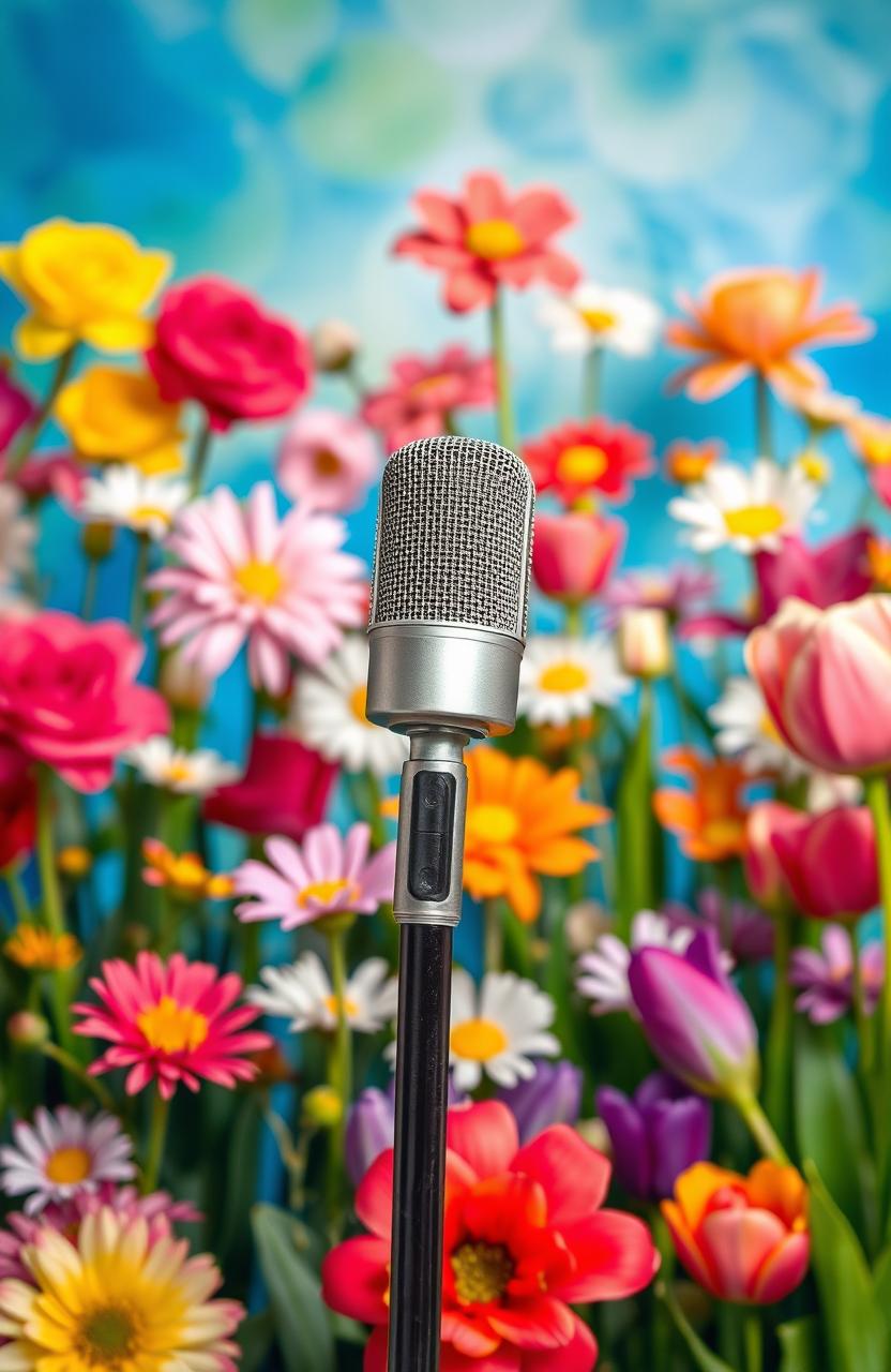 A vibrant blue and green abstract background filled with a variety of colorful flowers in full bloom, including roses, daisies, and tulips