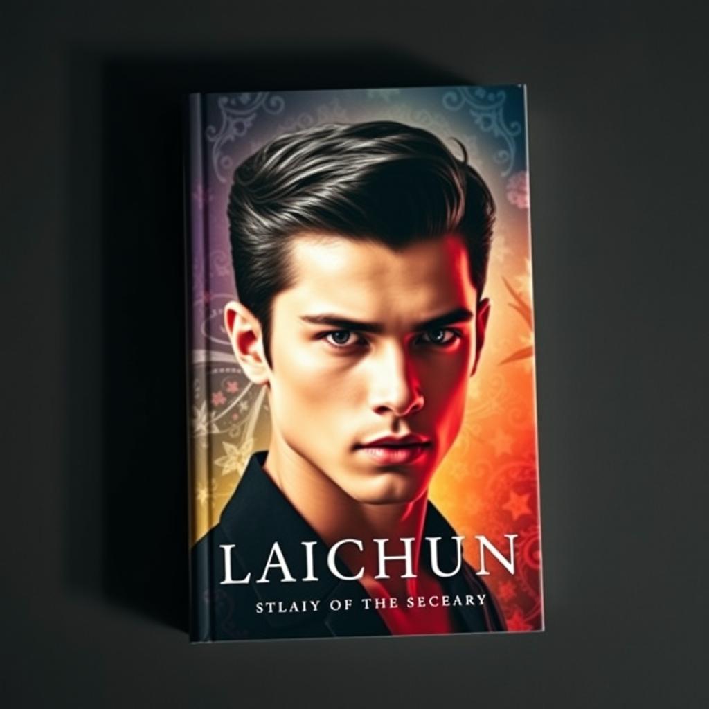 A captivating book cover featuring a striking portrait of a young man with sleek, black hair styled fashionably