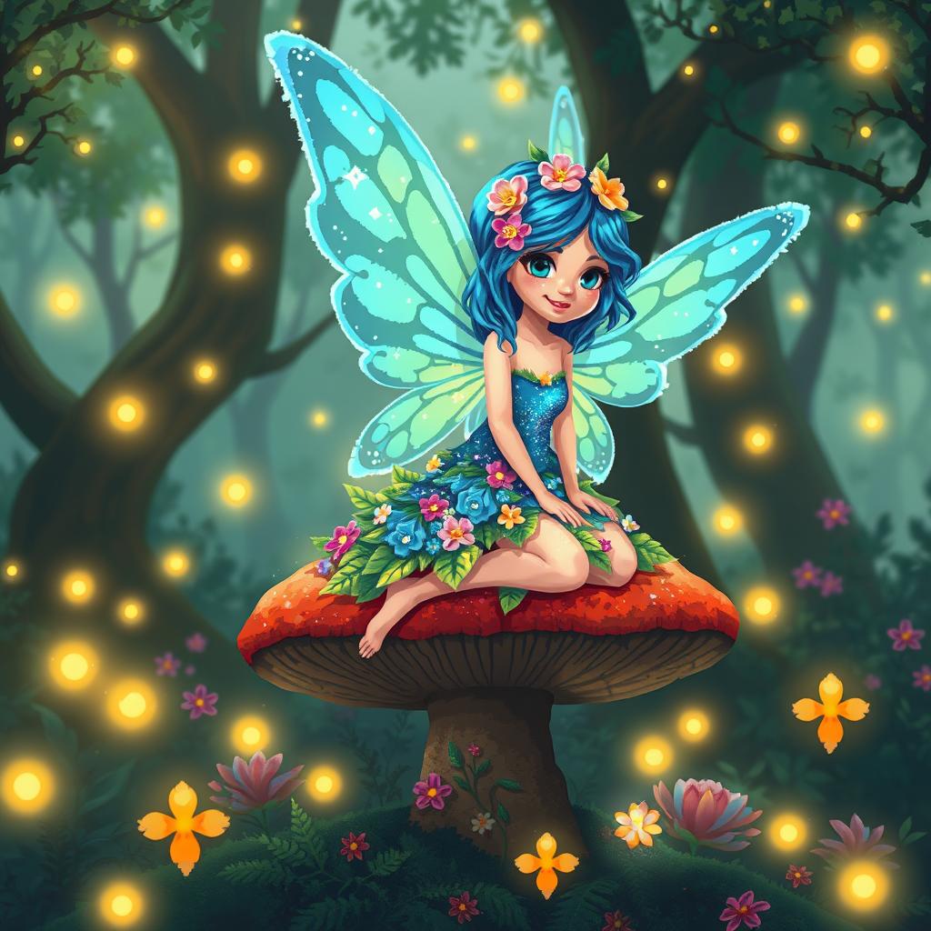 A whimsical fairy with pixel art style, featuring bright and colorful wings shimmering in the light