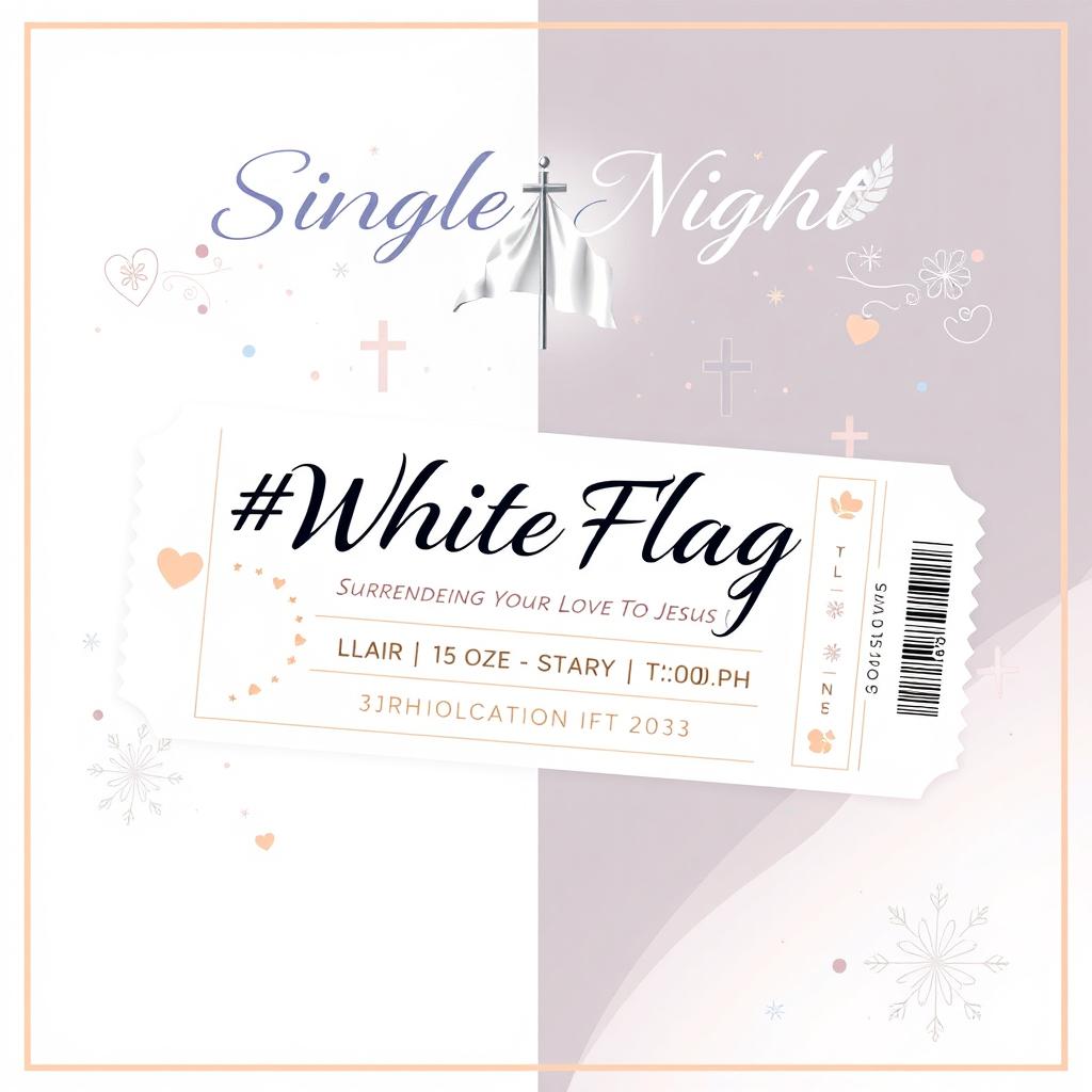 A beautifully designed ticket for an event titled 'Single's Night: #WhiteFlag Surrendering Your Love To Jesus'