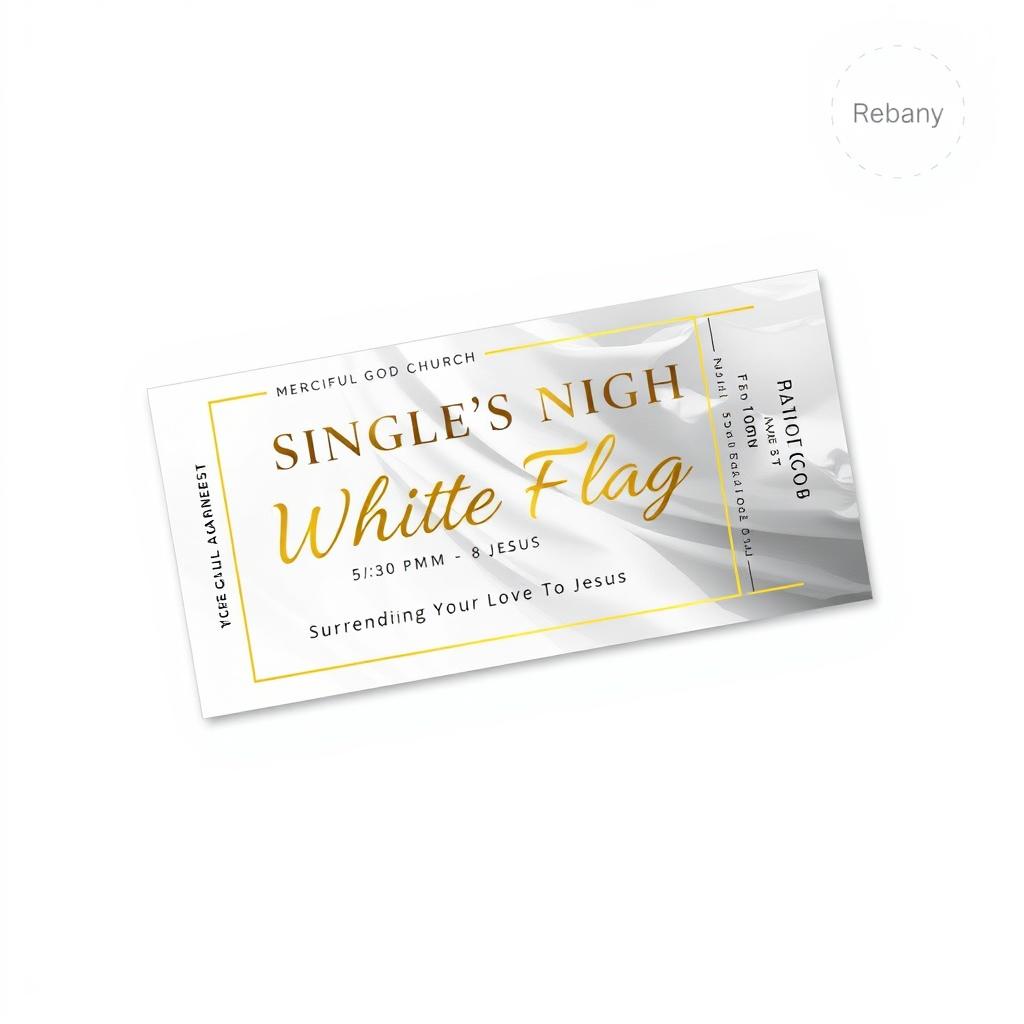 An elegant ticket design for a church event titled 'Single's Night: #WhiteFlag Surrendering Your Love To Jesus