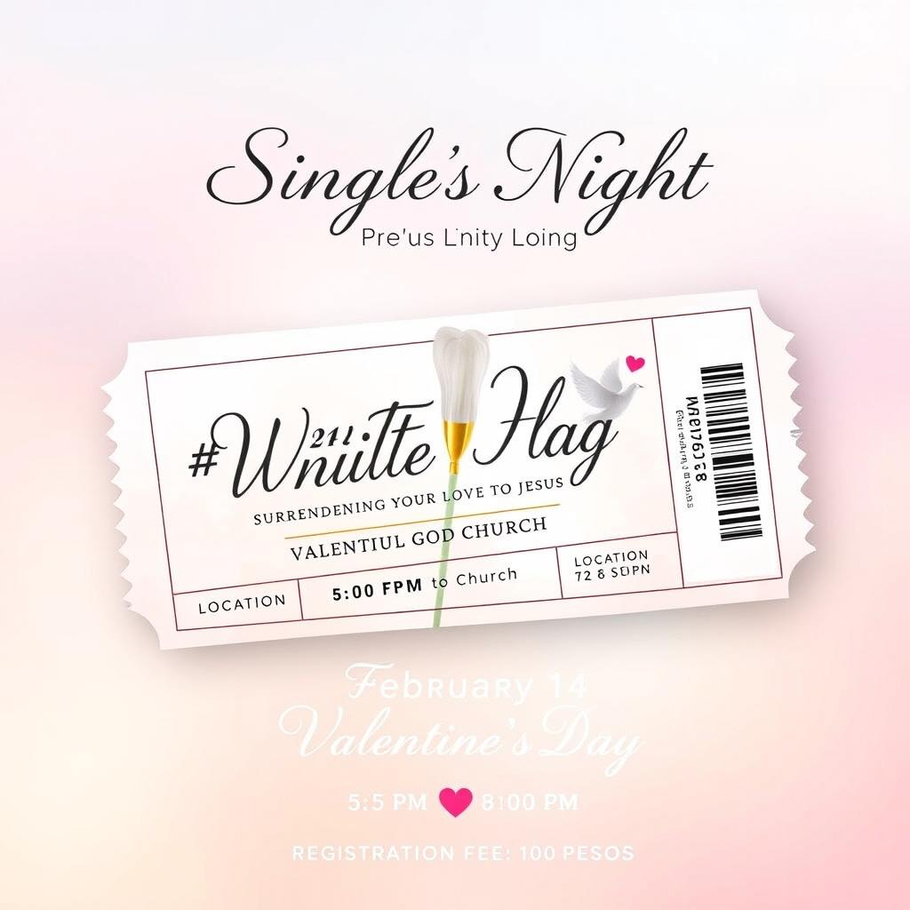 A beautifully designed ticket for an event called "Single's Night" with the theme "#WhiteFlag Surrendering Your Love To Jesus"