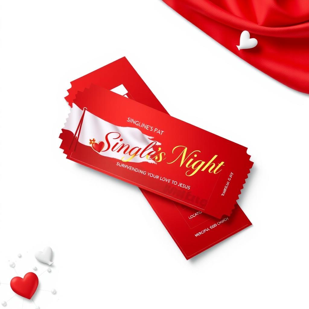 A beautifully designed red ticket for an event called "Single's Night" featuring the theme "#WhiteFlag Surrendering Your Love To Jesus"
