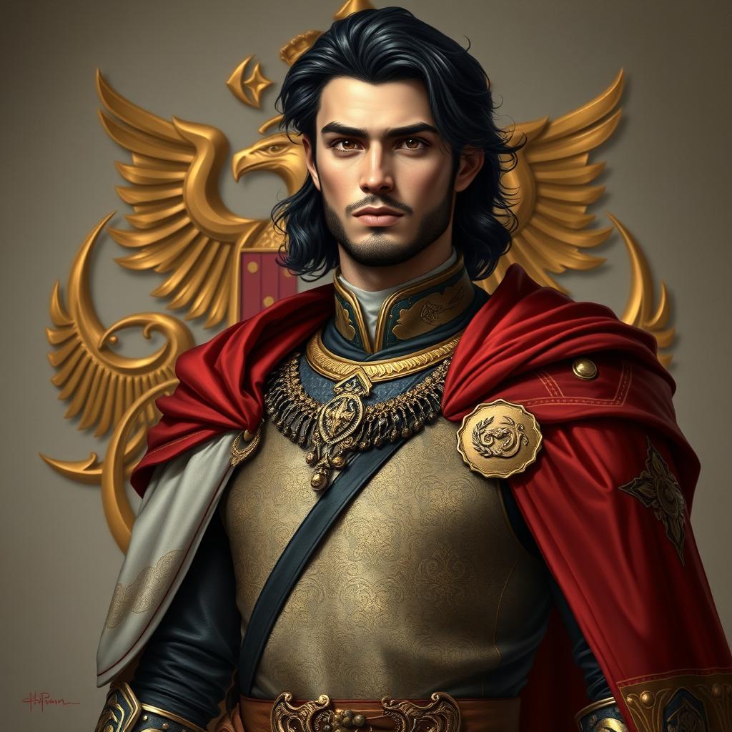 A majestic portrait of Crown Prince Alexander Ibn Aurean, the heir of the Empire of Aurianum and the Caliphate of Zahir