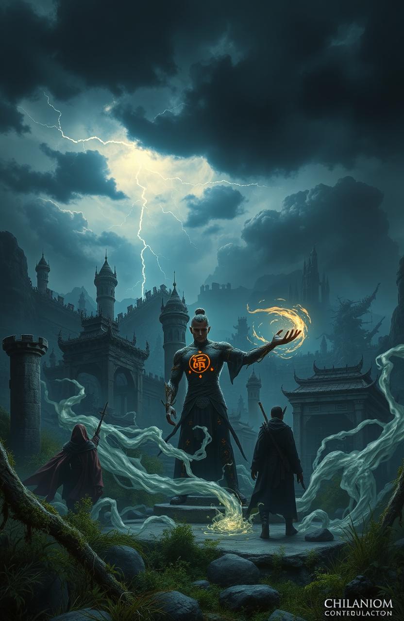 A dark fantasy scene depicting a mystical land on the brink of chaos, where ancient ruins and overgrown vegetation hint at long-lost civilizations