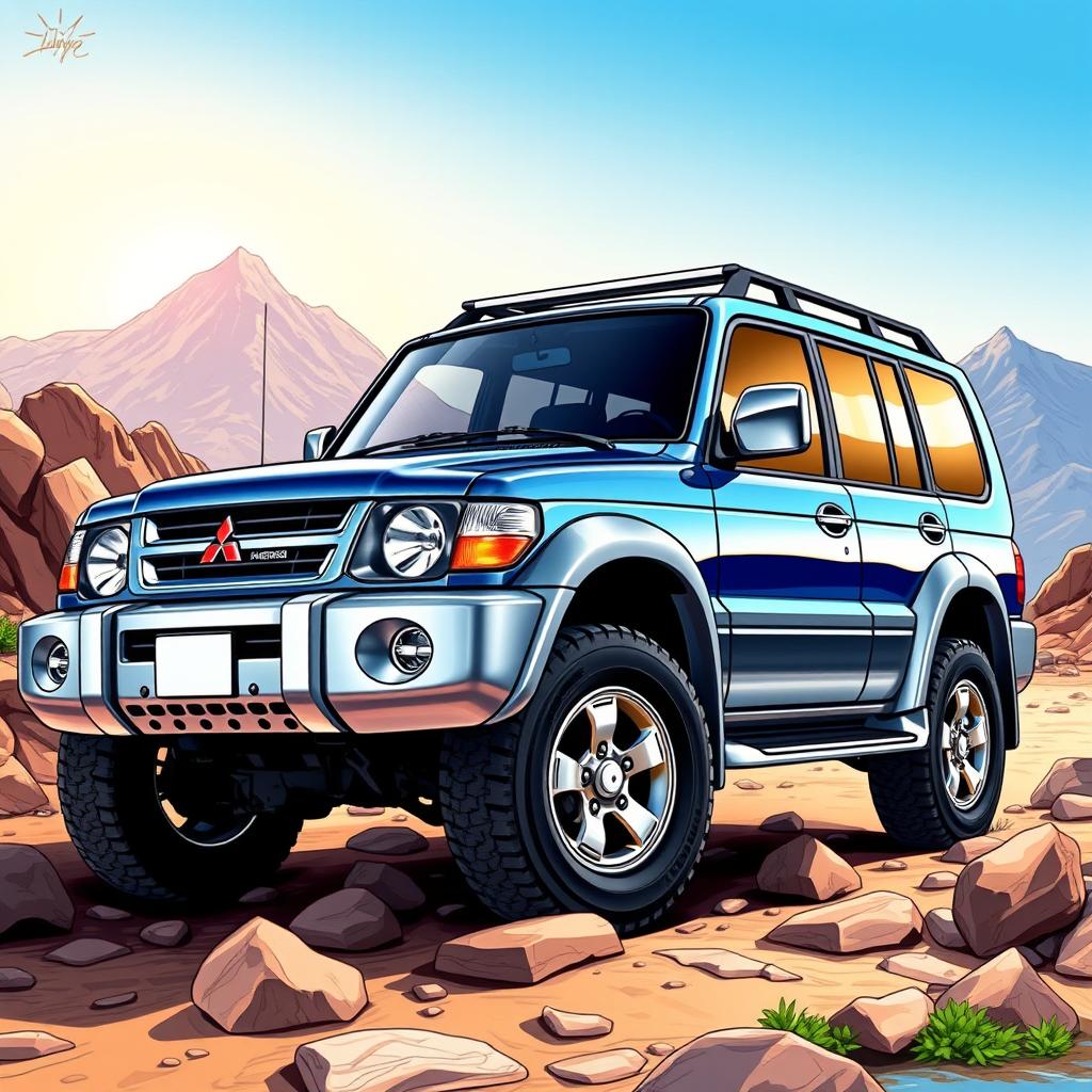 A stylish and detailed illustration of a 1998 Mitsubishi Pajero IO, showcasing its rugged yet sleek design