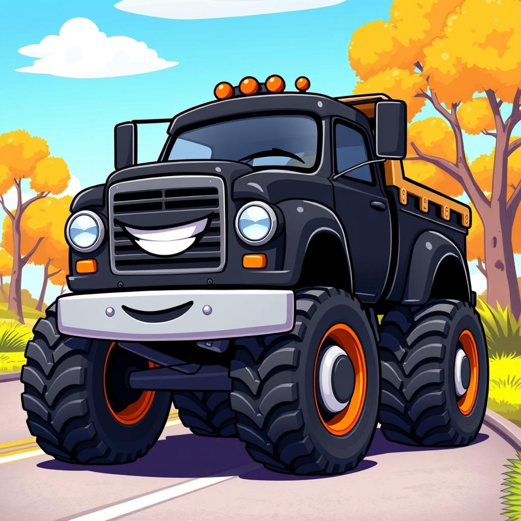 A black cartoon truck with oversized wheels, vibrant colors in the background, and a cheerful expression on the front grill