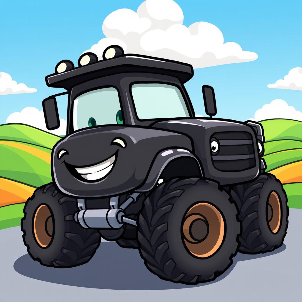 A sleek black cartoon truck with exaggerated features, large wheels, and a cheerful face on the front