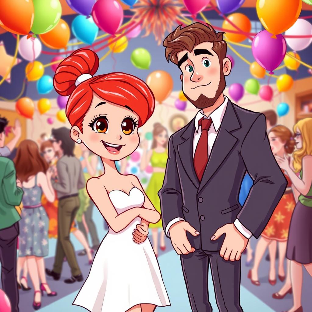 A vibrant cartoon-style illustration of a lively party scene filled with colorful decorations and people dancing