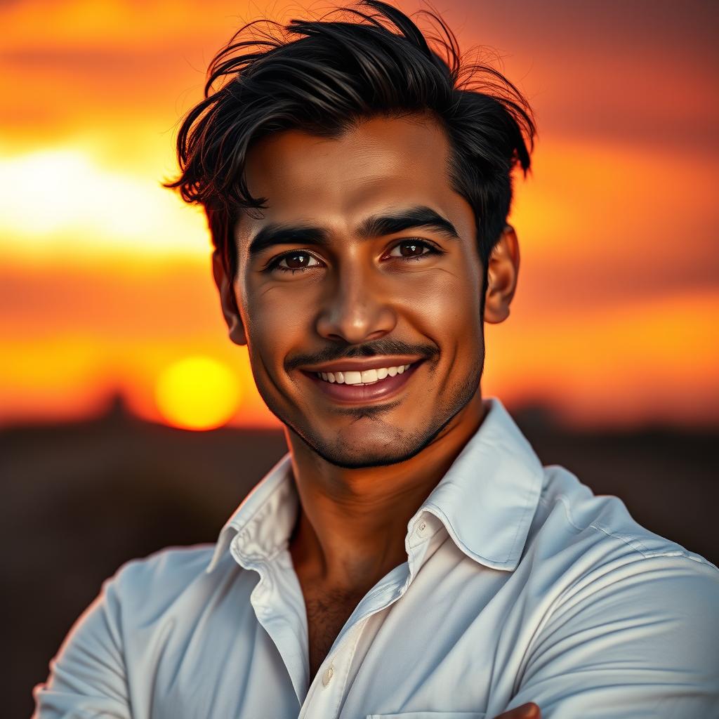 a stunning and expressive portrait of a 30-year-old Hispanic man named Carlos Delos Reyes, featuring an intense gaze and a confident smile, with tousled dark hair and warm brown skin