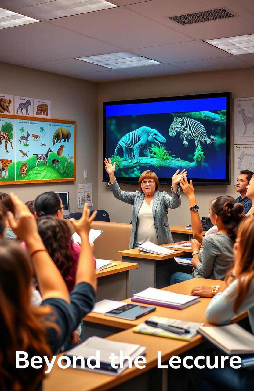 A vibrant and engaging lecture hall filled with students and an enthusiastic instructor discussing animal science