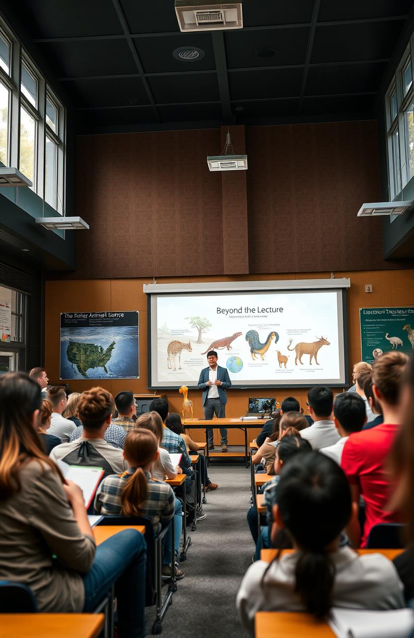 A vibrant university lecture hall filled with students attentively listening to an animal science instructor