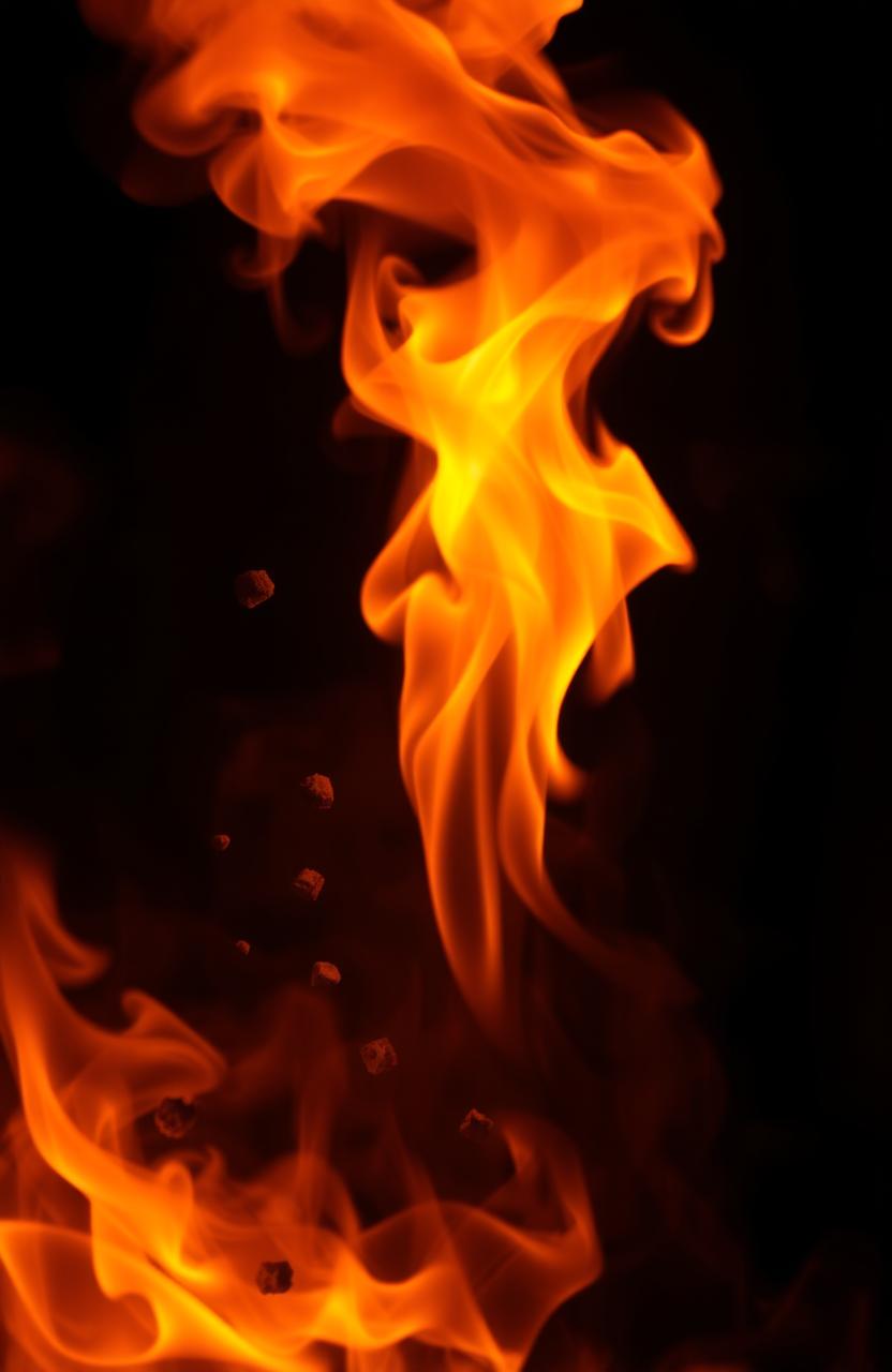 An artistic representation of an intense fire symbolizing absence or lack, depicted with vibrant flames in shades of red, orange, and yellow, swirling and dancing energetically