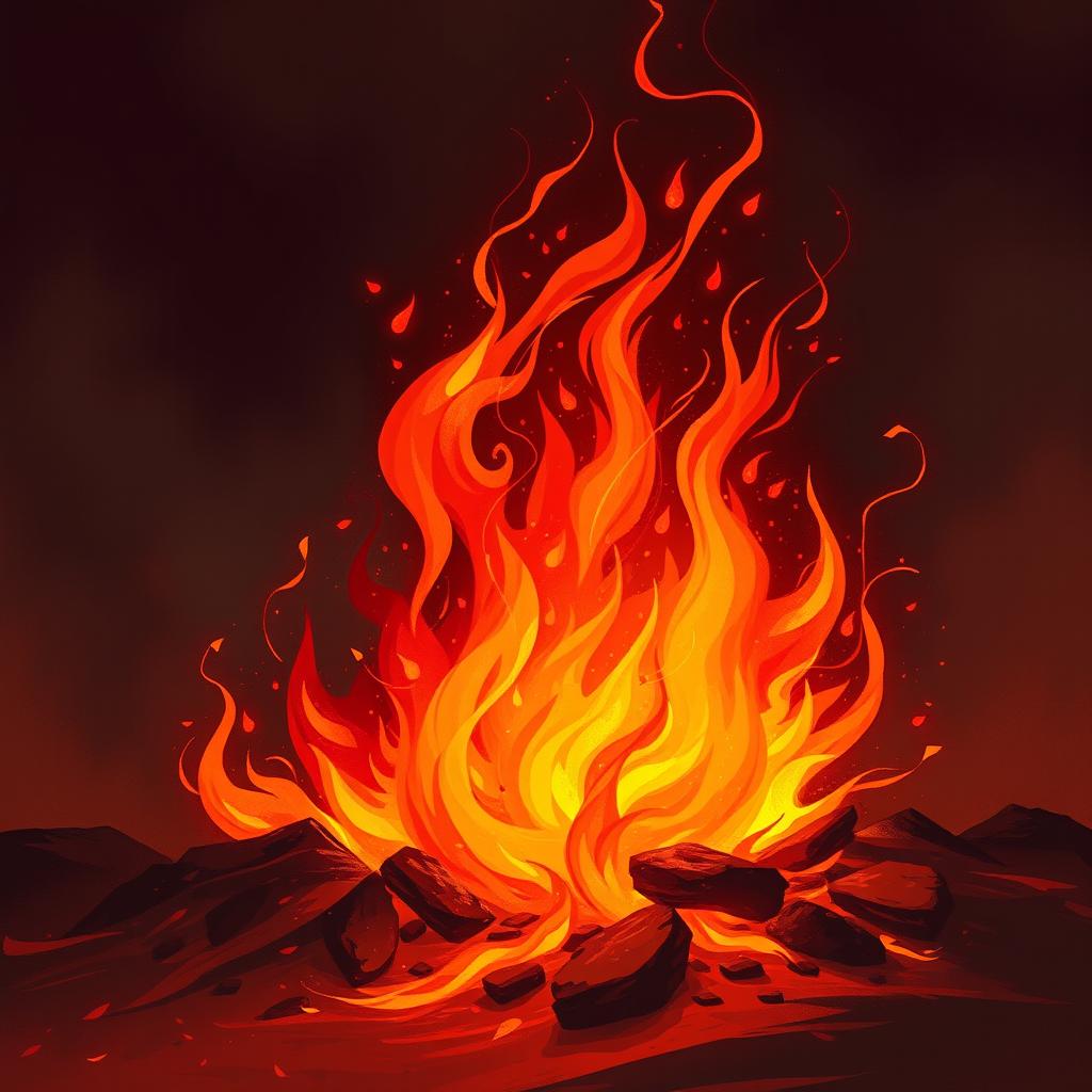 A captivating illustration of a powerful fire representing desire, with flames in deep shades of crimson, amber, and gold, roaring passionately in an abstract manner