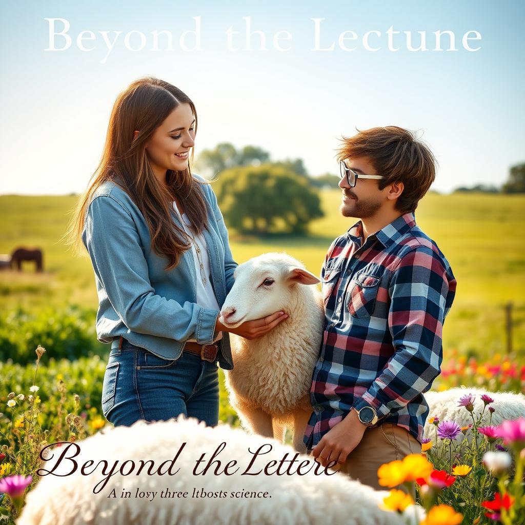 A romantic scene between an animal science instructor and a passionate student, set in a lush, vibrant farm environment