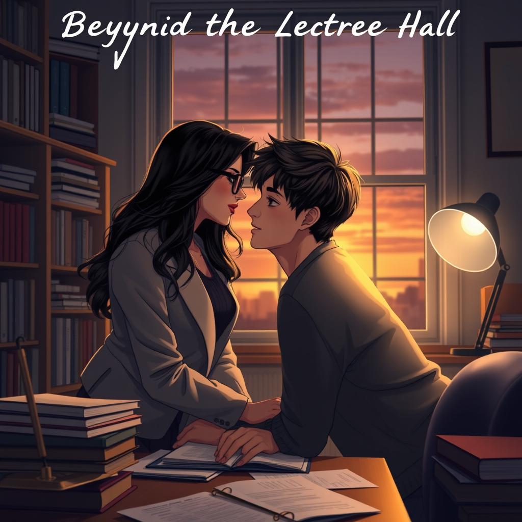 A romantic scene between an instructor and a student set in a cozy office filled with books and papers