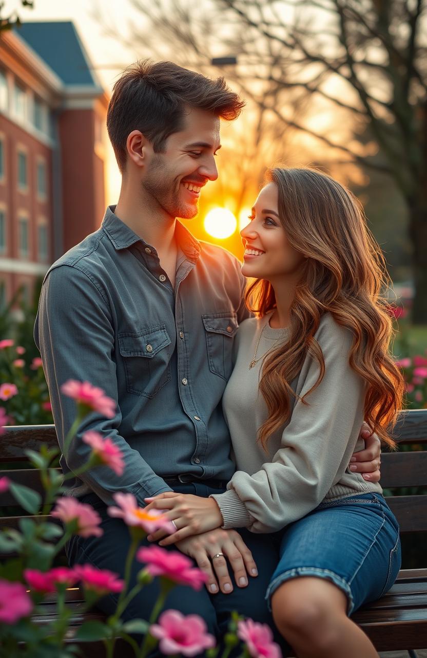 A romantic scene depicting an instructor and student in a cozy, intimate setting outside of a lecture hall